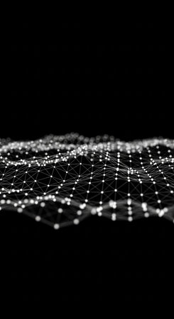 A minimalist abstract network of interconnected nodes forming a grid-like structure, set against a stark black background, creating a sense of depth and connectivity.の素材