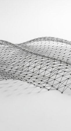 A monochrome abstract wireframe grid forms a flowing, undulating landscape with interconnected nodes and lines against a clean white background.の素材