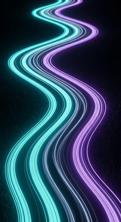 Abstract image of vibrant neon light trails in blue and purple hues against a dark background, creating a dynamic and energetic visual effect.の素材
