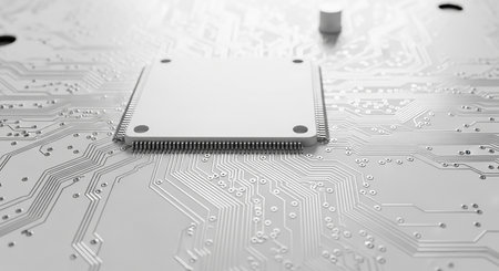 A detailed view of a computer chip mounted on a circuit board, showcasing the intricate connections and components.の素材