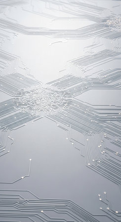 Close-up view of a circuit boards intricate pathways, suggesting advanced technology and digital connections.の素材