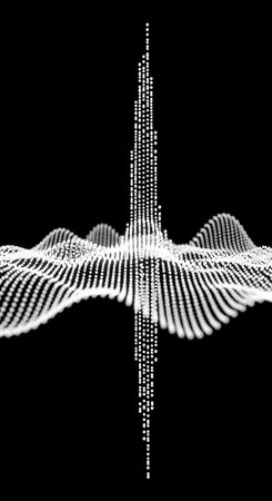 Abstract data visualization featuring white lines forming a landscape-like structure with a central vertical spike, set against a stark black background.の素材