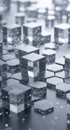 A 3D rendered abstract scene featuring transparent geometric blocks and glowing particles. A concept for technology, data, or blockchain innovation.の素材