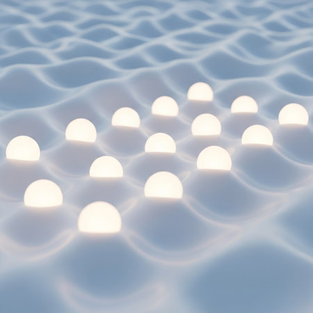 A mesmerizing abstract visualization of glowing spheres emerging from a softly undulating, wave-like surface.の素材