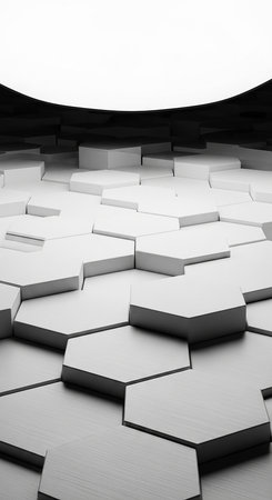 A captivating abstract background featuring a dynamic arrangement of hexagonal shapes, creating a modern and futuristic aesthetic with varying heights and shadows under a bright light source.の素材