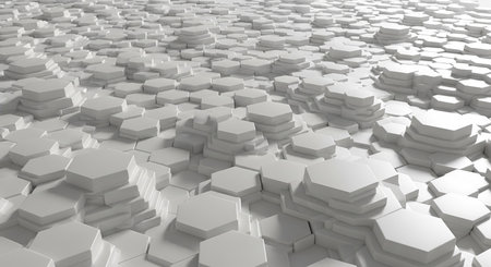 A futuristic 3D rendered abstract background featuring a field of white hexagonal columns of varying heights creating a complex geometric landscape with soft shadows.の素材