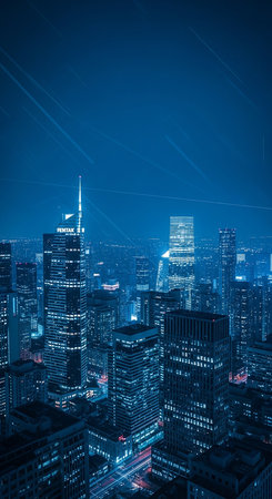 An aerial view captures the essence of a modern city at night, illuminated by a captivating blue light, showcasing its architectural marvels.の素材