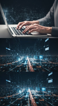 A persons hands typing on a laptop with a futuristic digital city background, symbolizing technology and data.の素材