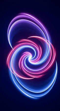 A captivating abstract image featuring intertwining neon light swirls in shades of blue, pink, and purple, creating a mesmerizing and energetic visual effect against a deep, dark background.の素材
