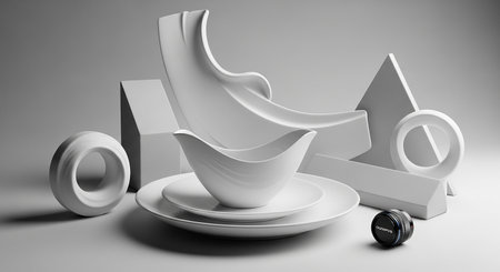 A monochromatic still life arrangement featuring white ceramic tableware, including plates and gravy boats, alongside various white geometric forms like a pyramid and a torus, all set against a neutral background with subtle shadows.の素材