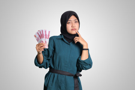 Portrait of confused Asian hijab woman in casual outfit showing one hundred thousand rupiah while thinking with hand on chin. Financial and savings concept. Isolated image on white backgroundの写真素材