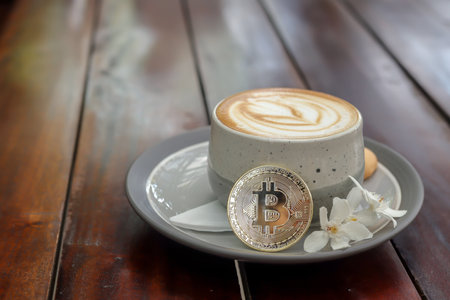 A cup of cappuccino with bitcoin on wooden table at cafe. Cryptocurrency trading conceptの写真素材