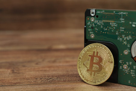 a pile of bitcoin placing above the hard disk. Cryptocurrency trading concept