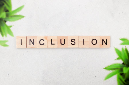Top view of Inclusion word on wooden cube letter block on white background. Business concept