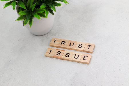 Top view of Trust Issue word on wooden cube letter block on white background. Business conceptの写真素材