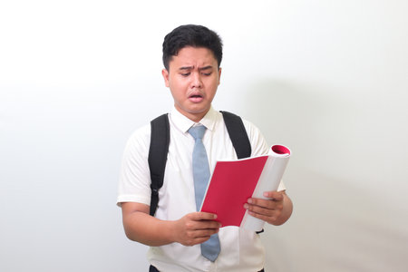 Indonesian senior high school student wearing white shirt uniform with gray tie reading journal report with upset expression. Isolated image on white backgroundの写真素材