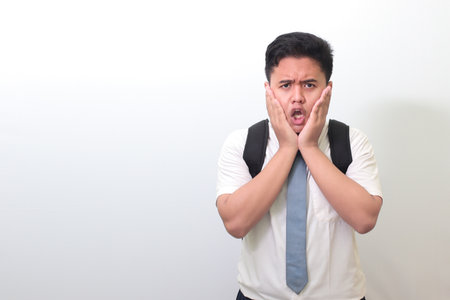 Indonesian senior high school student wearing white shirt uniform with gray tie covering his face with hands. Isolated image on white backgroundの写真素材