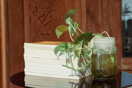 Stack of books on glass table in the balcony of house. Education and knowledge concept. Pile of...