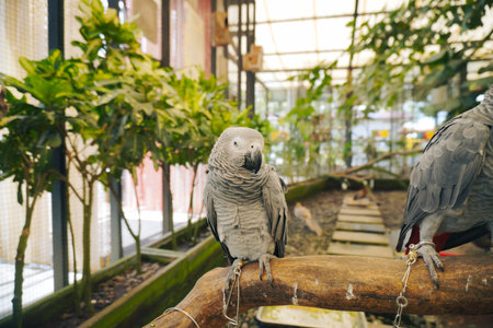 Portrait of Grey Parrot Perched on Tree Branch at Aviaryの写真素材