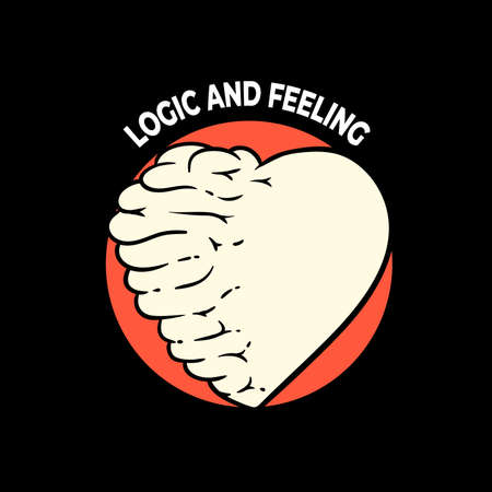 Logic and feeling illustration on black background. white and red combinationのイラスト素材