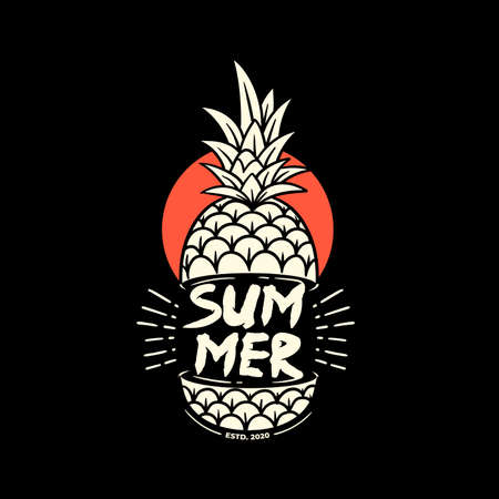 summer typography on pineapple illustration. black, red and white combination on black backgroundのイラスト素材