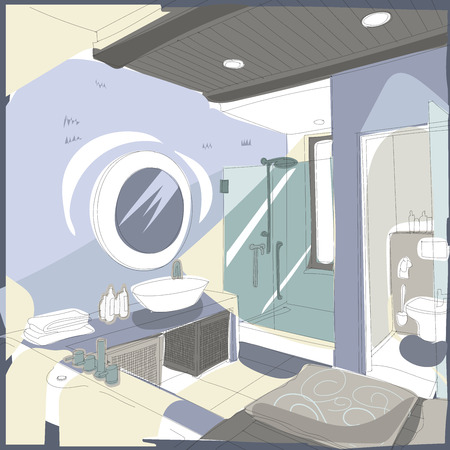 Contemporary interior bathroom doodles in fusion style.のイラスト素材
