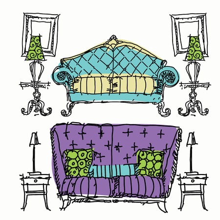 Contemporary furniture doodles sofa in different color.のイラスト素材
