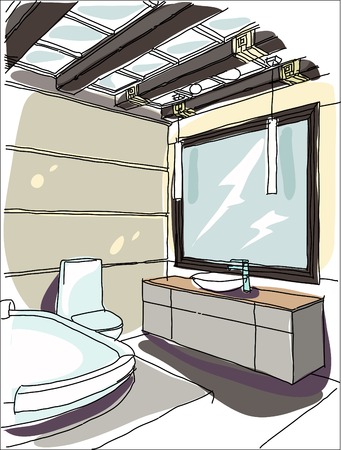 Contemporary interior bathroom doodles in fusion style.のイラスト素材