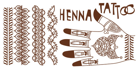 Henna tattoo doodle elements on white background.Human hand with henna tatoo.のイラスト素材
