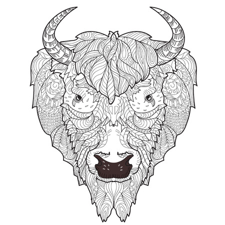 Bison head doodle with black nose on white background.のイラスト素材