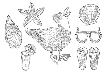 Cute little seagull, black and white, totem tribal tattoo style, hand drawn graphic artwork.Shell, sun glasses, flip flops, drink with bird doodle.のイラスト素材