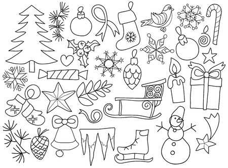 Collection of Vintage Merry Christmas And Happy New Year flowers. Greeting stylish illustration of christmas romantic goods. Ready for cards or posters.のイラスト素材