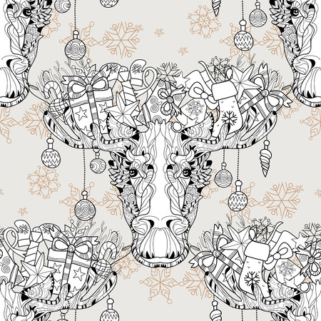 Christmas ornamental head of elk seamless pattern. Black-and-white doodle. Layered vector illustration.のイラスト素材