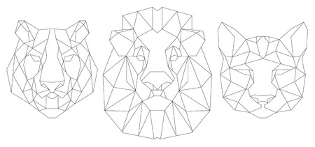 Front view of animal head triangular icon , geometric trendy line design. Vector illustration ready for tattoo or coloring book. Lion, tiger, puma.のイラスト素材