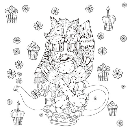 Vector cute fairy raccoon in flowers on raspberry teapot.Vector line illustration.Sketch for postcard or print or coloring adult book.Boho zentangle style doodle.のイラスト素材