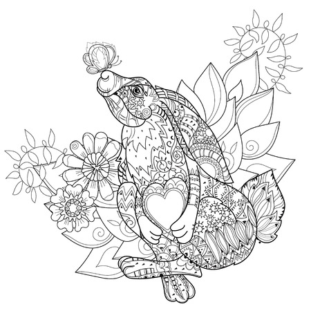Vector cute fairy rabbit in flowers with heart  and  butterfly.Vector line isolated hand drawn illustration.Sketch for postcard, print or coloring adult book.Boho zentangle style doodle.のイラスト素材