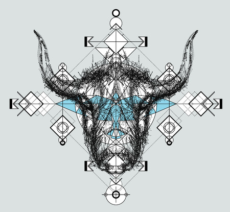 Front view of yak head doodle , geometric trendy line design. Vector illustration for tattoo or print.Abstract geometrical ethnic pattern.のイラスト素材