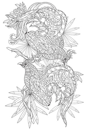 Stylized tropical bird of paradise.Hand drawn vector illustration. Sketch for tattoo or makhenda or adult coloring book. Bird collection boho style.のイラスト素材