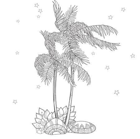 Hand drawn doodle outline palm tree in forest decorated with floral ornaments.Vector zen art illustration.Floral ornament.Sketch for tattoo, poster or adult coloring pages.Boho style.のイラスト素材