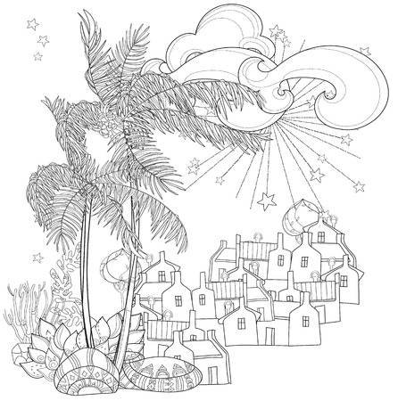 Hand drawn doodle outline palm tree, fairy cartoon city , decorated with floral ornaments.Vector zen art illustration.Sketch for tattoo, poster or adult coloring pages.Boho style.のイラスト素材