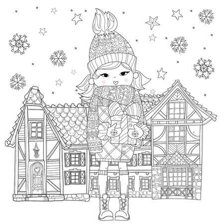 Vector cute girl in winter hat with christmas gift in fairy town.Vector line illustration.Sketch for postcard or print or coloring adult book.Boho zen art style.のイラスト素材