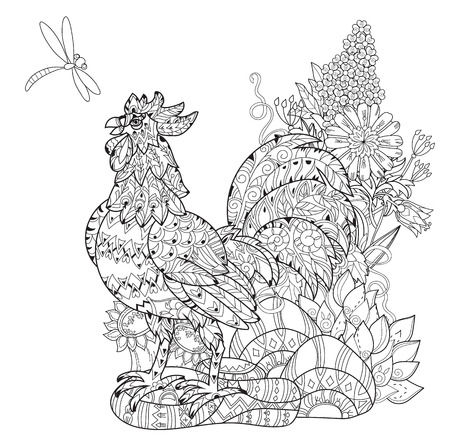 Rooster,Cock. Symbol of Chinese new year zodiac 2017. Hand drawn doodle zen art.Adult anti stress coloring book or tattooのイラスト素材