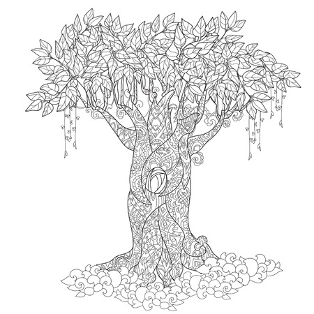 Cute fairy tale tree from magic forest with flowers. Hand drawn doodle zen art.Adult anti stress coloring book or tattoo boho style.のイラスト素材