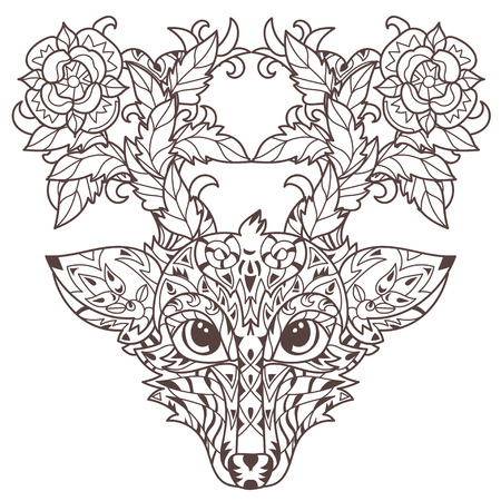 Hand drawn doodle outline deer head decorated with ornaments.Vector illustration for anti-stress adult coloring book or tattoo.Zen art boho style.のイラスト素材