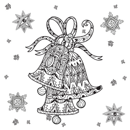 Vector cute fairy doodle christmas bells.Hand drawn line illustration.Sketch for postcard or print or coloring adult anti stress book.Boho zen art style.のイラスト素材