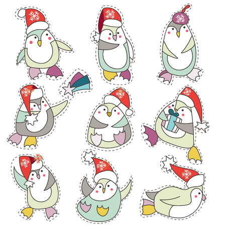 Set cartoon patch badges or fashion pin badges.Penguin in christmas hat hand drawn vector full color sketch.のイラスト素材