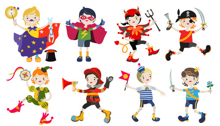 Amusing characters of boys in carnival costumes.Hand drawn vector illustration.Flat style.のイラスト素材