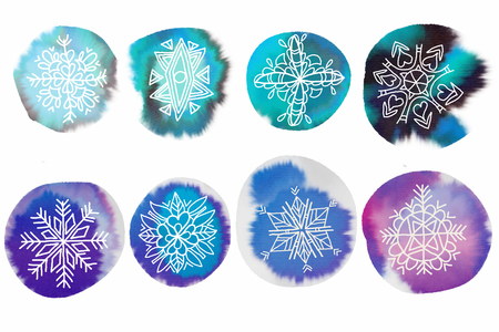 Watercolor snowflakes isolated on white.Hand drawn set.の写真素材