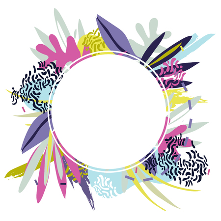 Abstract floral elements paper collage.Vector illustration hand drawn round template.Sketch ready for contemporary scandinavian flat design- poster, invitation, post card, t-shirt design.のイラスト素材