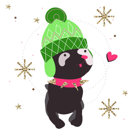 Dog wearing fashion winter hat, snowflakes, stars.Hand drawn vector illustration .Ready for t-shirt design or party birthday invitation, wrap paper.のイラスト素材